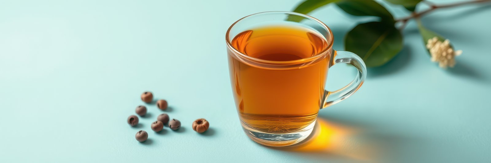 Herbal tea served in a clear glass cup with dried herbs arranged on a light blue surface